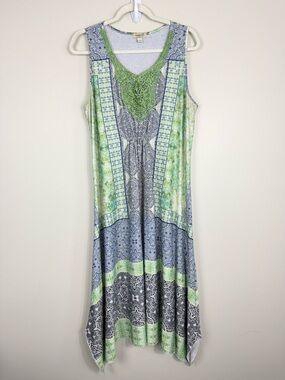 One World Midi Dress Womens Medium Blue Green Crochet Sequins Sleeveless Summer